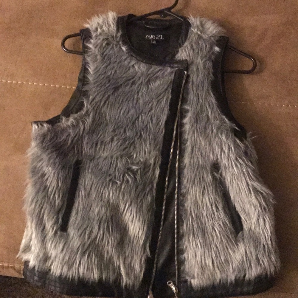 Grey Faux fur and Leather Vest